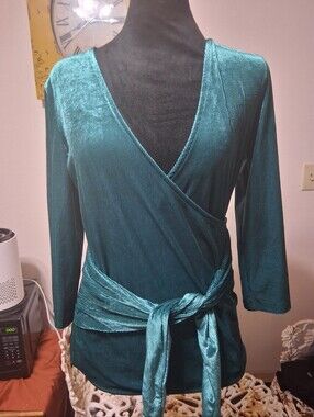 Express Teal Wrap Velvet Long-Sleeve Top